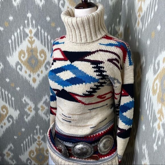 Polo Ralph Lauren 18 Ivory Multi Southwestern Aztec Geometric Turtleneck Sweater - Picture 1 of 16